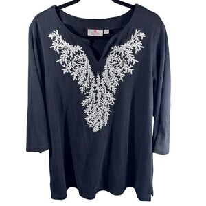 Quacker Factory Shirt Womens XL Black White Embroidered 3/4 Sleeve Tunic Top‎